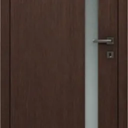 Fornirowane skrzydło bezprzylgowe z pionowym pasem matowego szkła, widoczna klamka i zamek, model L 106/1s.